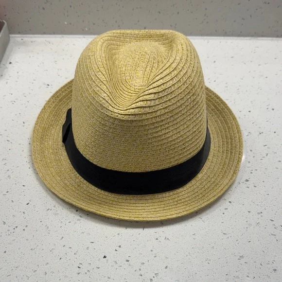 Straw Fedora Hat with Black Band - Yellow - Picture 1 of 4